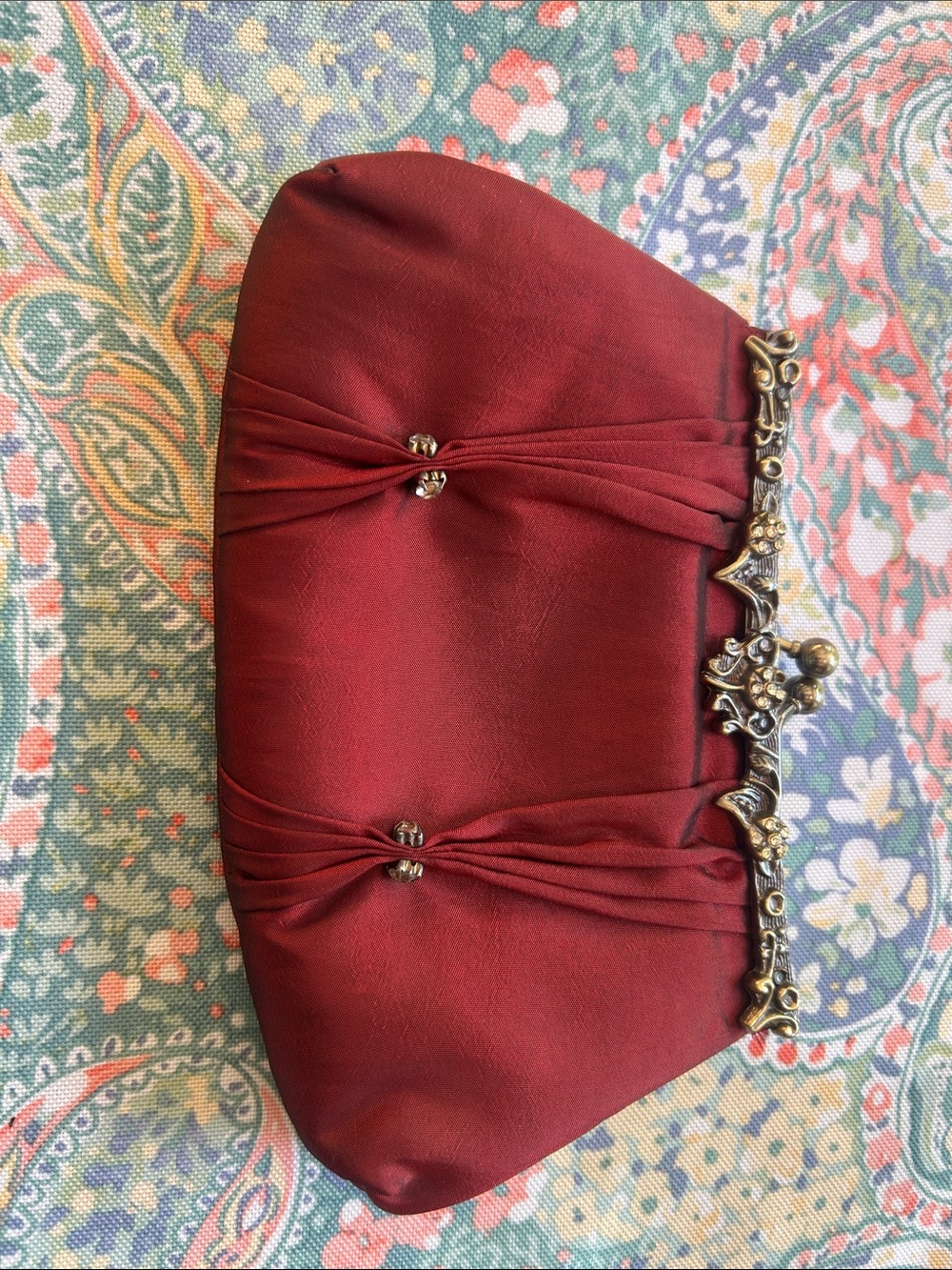 Red Satin Evening Clutch with Ornate Gold-Tone Frame